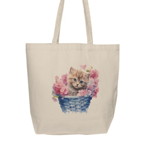 Floral Cat in a Basket Custom Tote Bag - Picture 2 of 4